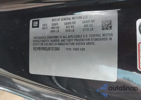 2018 Chevrolet Camaro 1Lt из США, поврежденный, VIN 1G1FB1RX5J0121384